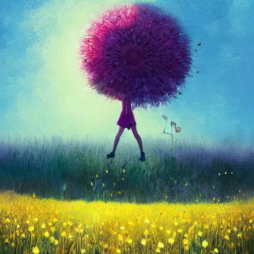 Image similar to girl with dandelion as a face, surreal photography, dream, standing in flower field, hills, big trees, sunrise dramatic light, impressionist painting, colorful clouds, digital painting, pointillism, artstation, simon stalenhag