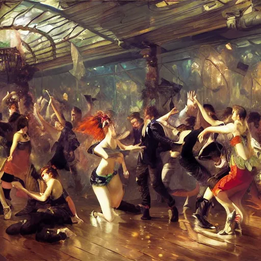 Image similar to rave dance party by andreas achenbach, yoshitaka amano, arthur adams, charlie bowater, leonid afremov, chiho ashima, karol bak, david bates, tom chambers