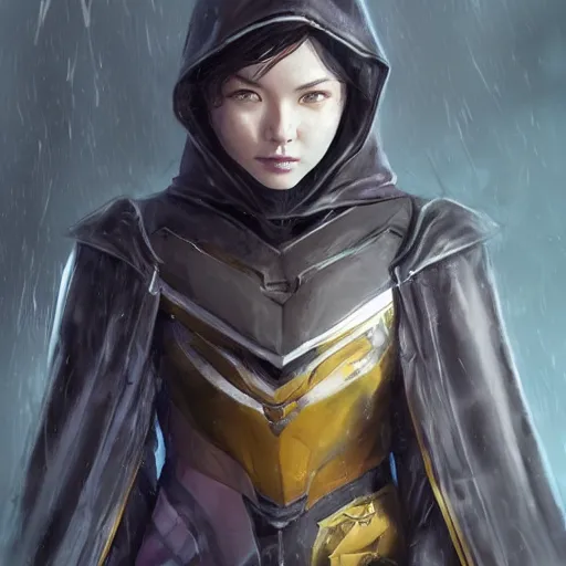 Prompt: cassandra cain in destiny hunter armor, wearing a hooded cloak, beautiful face!!!!, 2 7 years old, cg animation, solo, realistic, character select portrait, by artgerm, greg rutkowski, 3 d