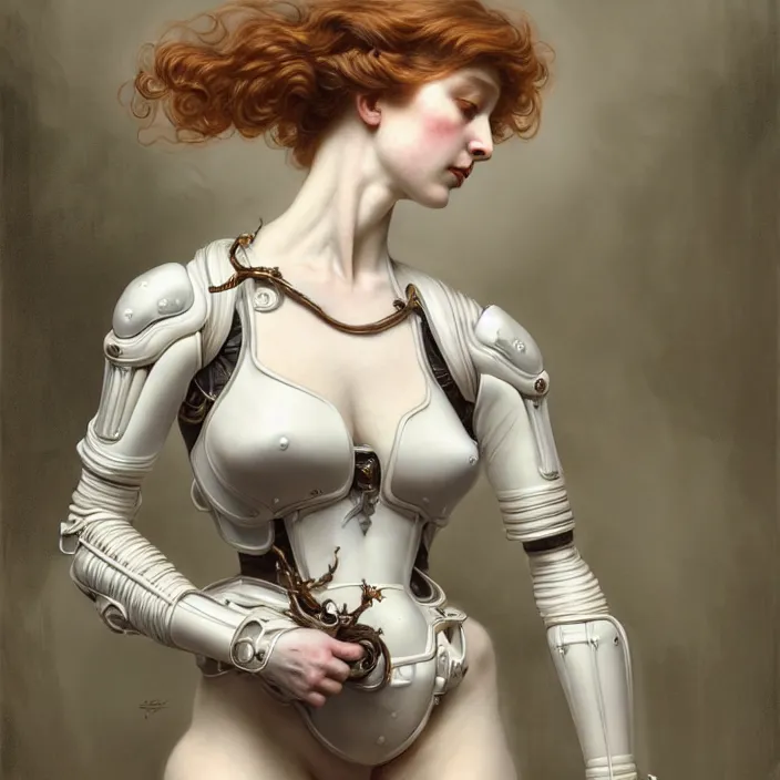 Image similar to porcelain cyborg, french empire style porcelain exoskeleton, diffuse lighting, fantasy, intricate, elegant, highly detailed, lifelike, photorealistic, digital painting, artstation, illustration, concept art, smooth, sharp focus, art by John Collier and Albert Aublet and Krenz Cushart and Artem Demura and Alphonse Mucha