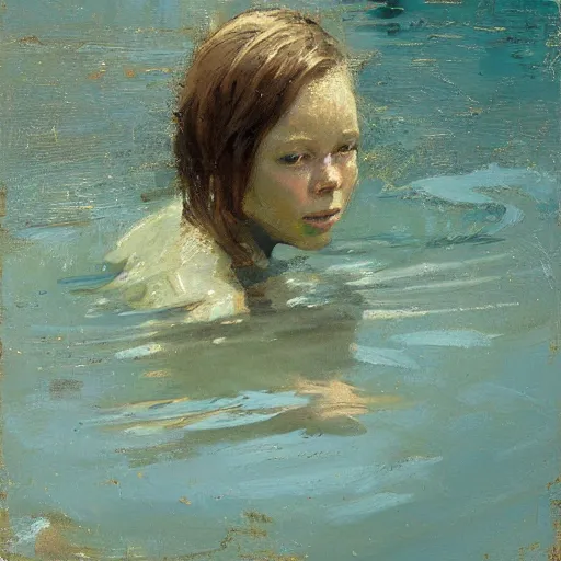 Image similar to Young Sissy Spacek swimming by Jeremy Mann, stylized, detailed, realistic, one inch thick, heavy impasto,loose brush strokes, simple, wholesome, earthy tones, touch of gold leaf