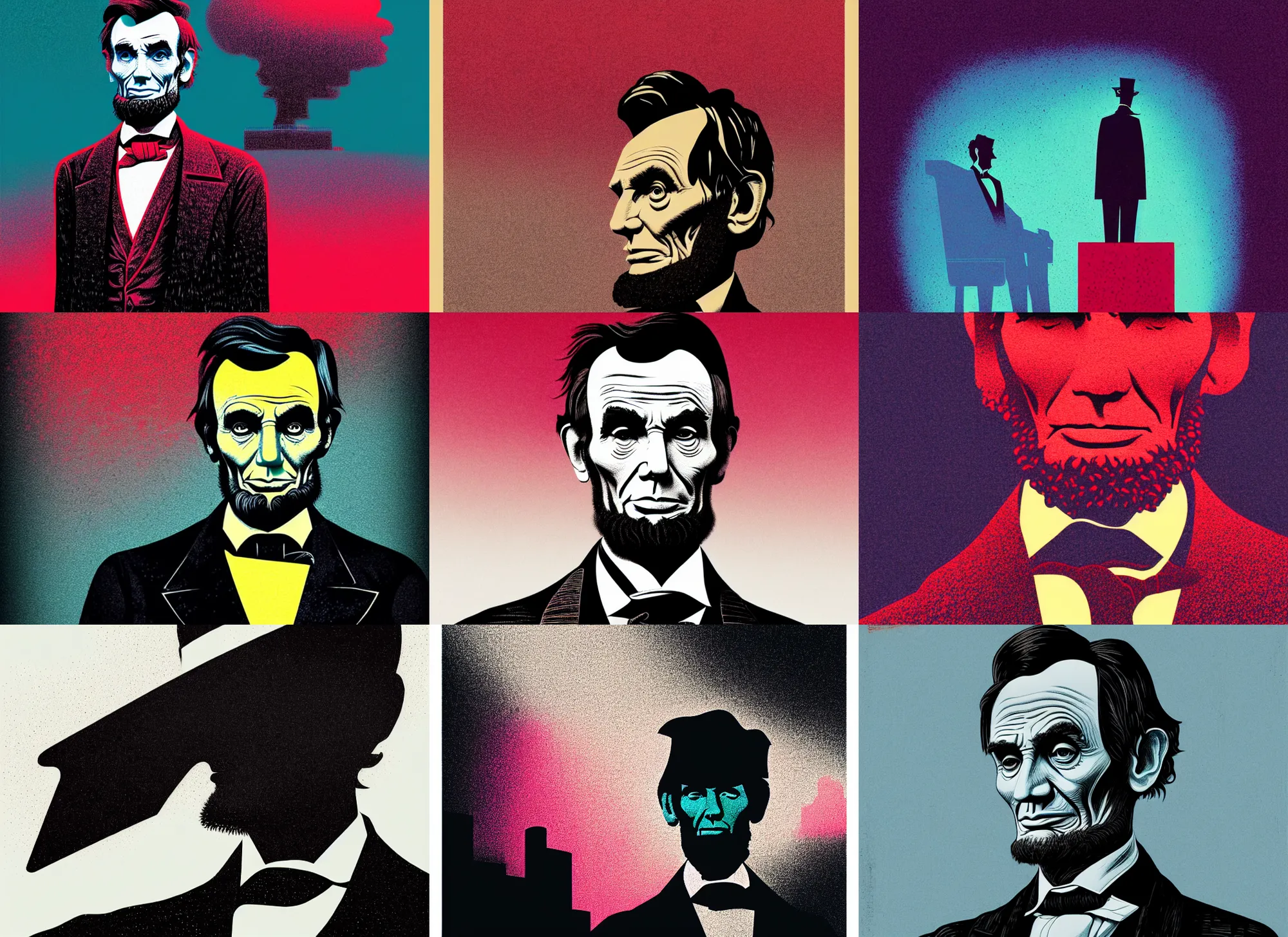 Prompt: portrait of a abraham lincoln, colorful, modern art deco, mads berg, karolis strautniekas, christopher balaskas, stippled light, fog, moody, fine texture, editorial illustration, dramatic lighting, dynamic composition, detailed, matte print, dynamic perspective, muted color, ( ( victo ngai ) ), linocut