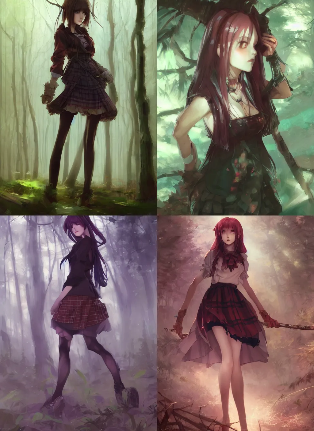 Prompt: beautiful woman in plaid miniskirt standing in a dark forest, anime style, rpg character art, by yoshitaka amano, by wenjun lin, by jeremy lipking, by greg rutkowski, digital drawing, gorgeous face, octane render, trending on artstation