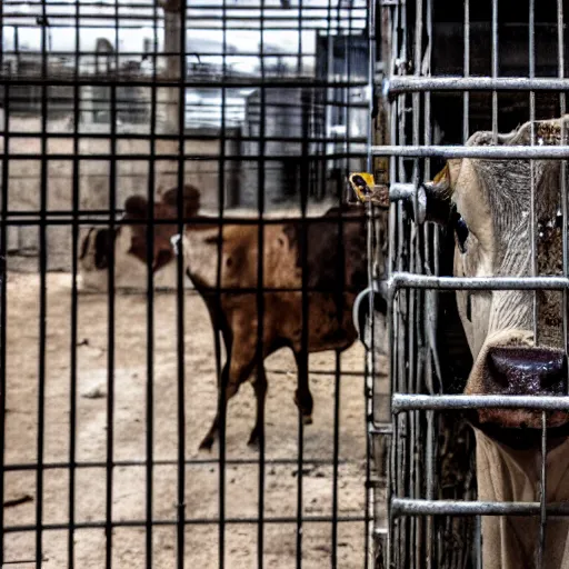 Image similar to dirty bottle of milk and a cow inside a cage, inside slaughterhouse