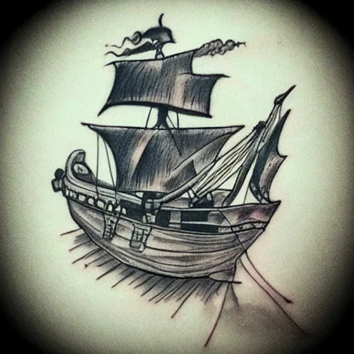 Image similar to realism tattoo design sketch of a pirate ship, in the style of Sivak