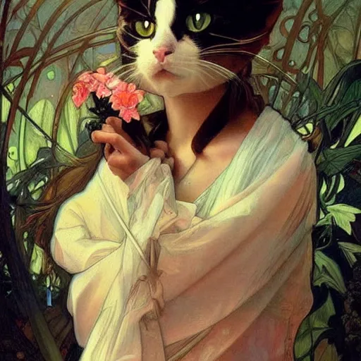 Prompt: portrait of a calico cat!!!!!!, calico cat, animal, cat masterpiece, sakimichan, Ross Tran, (((Alphonse Mucha)))