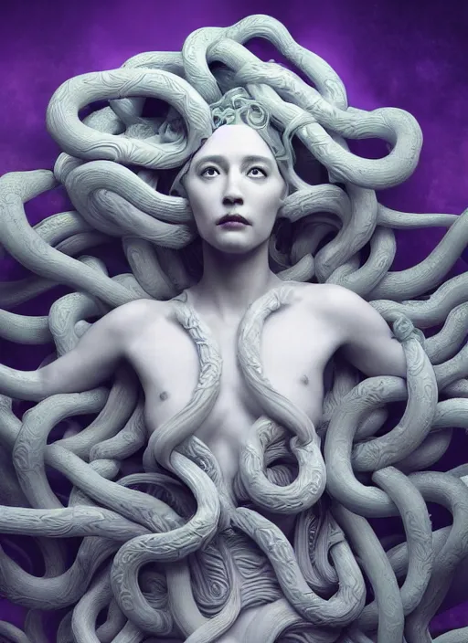 Image similar to medusa made of soft white wax, wooden art nouveau swirls, strong subsurface scattering, cables, tubes, subsurface scattering, in the style of ruan jia and beeple and giger, subsurface scattering, mystical colors, soft look, rim light, dramatic lighting, 8 k, stunning scene, raytracing, octane render, trending on artstation