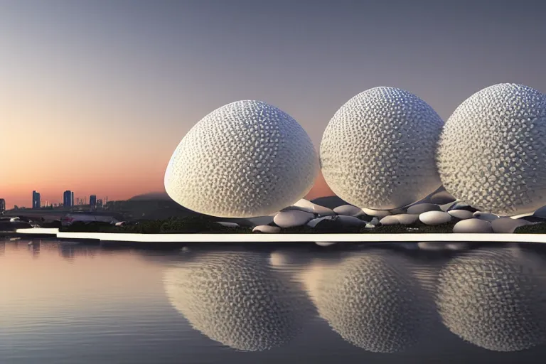 Image similar to a building composed of many multi - white spherical egg - shaped spaces. on the calm lake, people's perspective modern curved architecture, future, award winning, highly detailed 4 k art, dusk, by kazuyo sejima