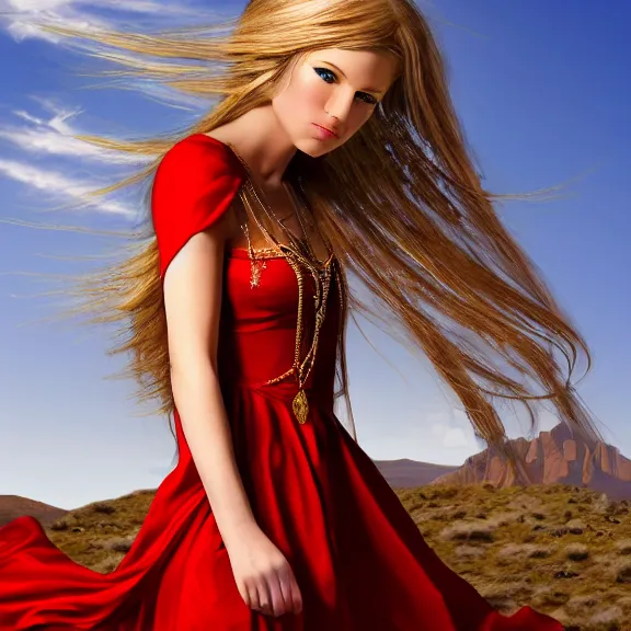 Prompt: Portrait of a young half elven woman with a beautiful red dress, lots of jewelry, Blonde long hair. freckels in hee face. Desert Hills in the background. Sharp Image. Detailed digital art.