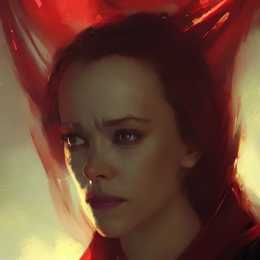 Image similar to rachel mcadams as scarlet witch, oil painting, Tooth Wu, Greg Rutkowski, RPG portrait, dynamic lighting, fantasy art, High contrast, depth of field