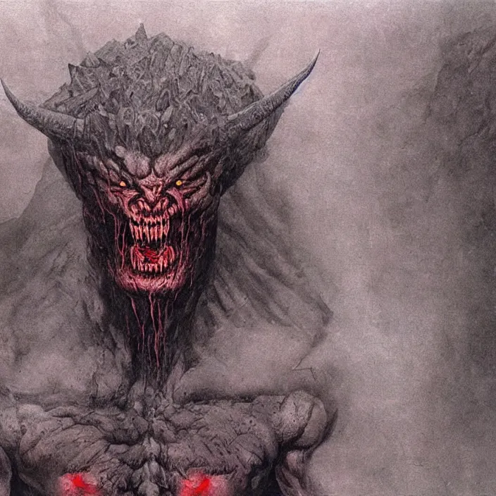 Image similar to demon berserker, symmetrical, muscular body, demon, balrog, beksinski