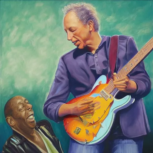 Prompt: “Young Mark Knopfler playing guitar with Buddy Guy, oil painting, 4k”