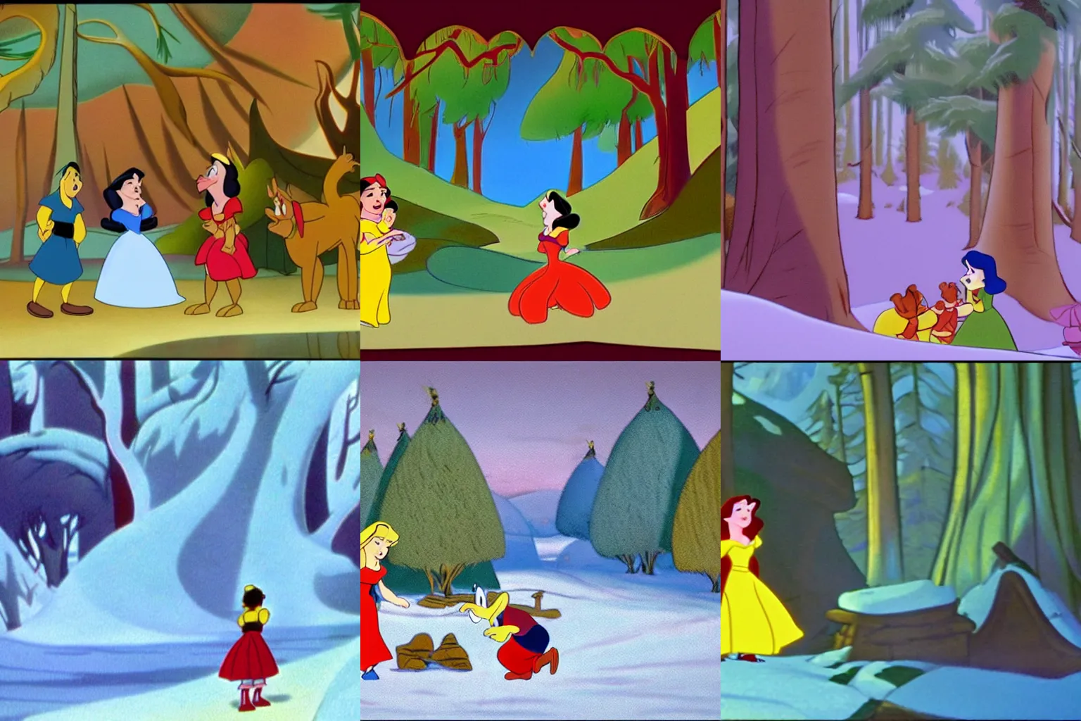 Prompt: Screenshot from the coloured Disney animation movie released in 1937 Snow White and the Seven Dwarfs, beautiful enchanted forest full of