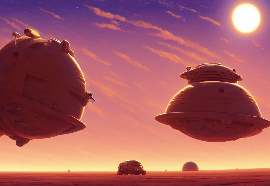 Prompt: a small and chubby spaceship in a desert at dawn with electric cables on the ground, intricate oil painting, high detail illustration, sharp high detail, manga and anime 1 9 9 9, official fanart behance hd artstation by jesper ejsing and makoto shinkai, 4 k,