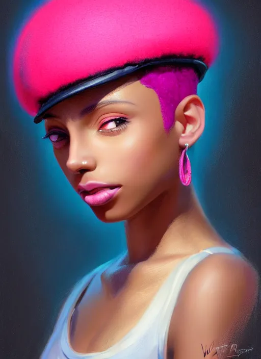 Image similar to portrait of young vanessa morgan with bright pink hair, black girl, vanessa morgan, curly pixie cut hair, wearing newsboy cap, newsboy cap, hoop earrings, intricate, elegant, glowing lights, highly detailed, digital painting, artstation, concept art, smooth, sharp focus, illustration, art by wlop, mars ravelo and greg rutkowski