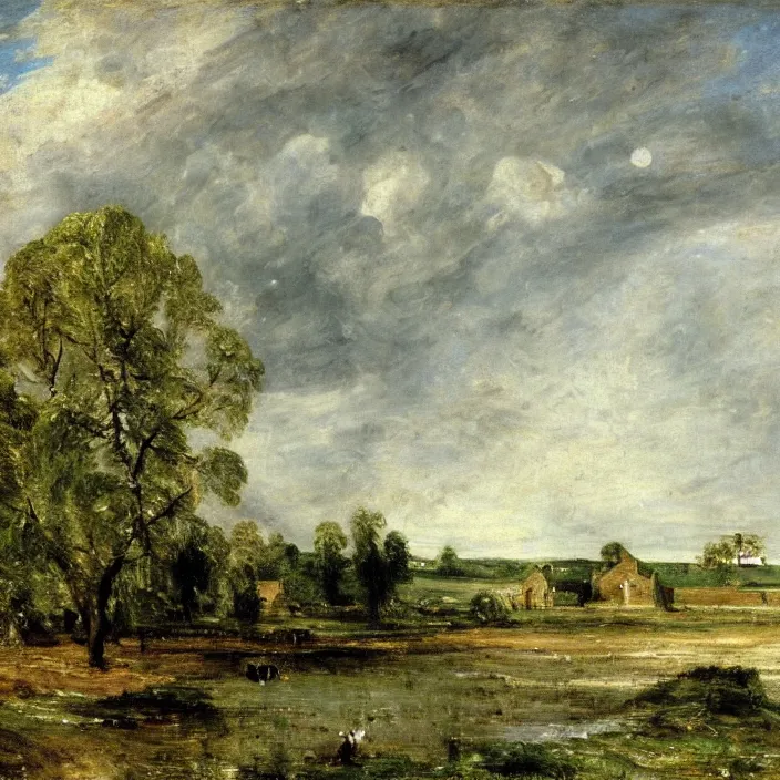 Image similar to a building in a serene landscape, by john constable