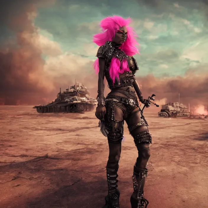 Prompt: beautiful apocalyptic woman with pink Mohawk, mad max panzer tank, 4k ultra hd, fantasy dark art, artstation, octane render