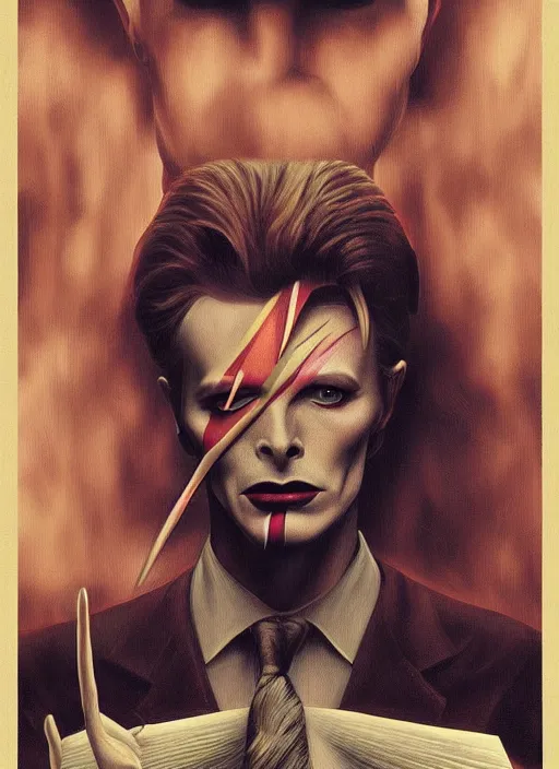 Image similar to twin peaks poster art, portrait of david bowie will he find the way out, by michael whelan, rossetti bouguereau, artgerm, retro, nostalgic, old fashioned