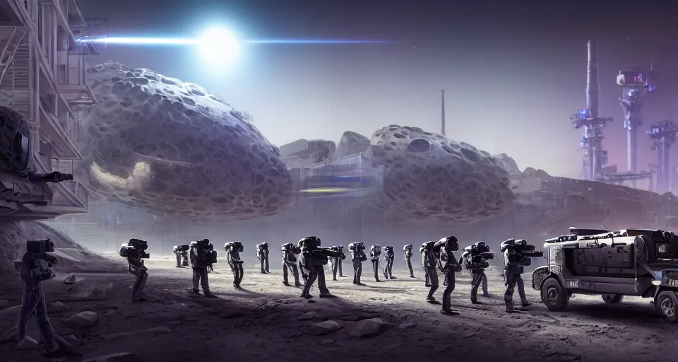 Prompt: a highly detailed digital matte painting of a mob of armed workers in power suits with laser rifles gathered outside a high-tech industrial building on the surface of an asteroid in space, by Raphael Lacoste and Stephan Martiniere and Peter Mohrbacher and Robert McCall, volumetric lighting, hyperdetailed, octane render, 8k H- 640