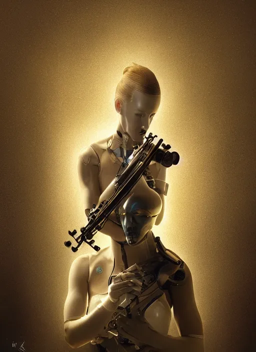 Prompt: portrait of a futuristic female violinist cyborg, in the style of ghost in the shell, kintsugi, modern fine art, fractal, intricate, elegant, highly detailed, digital photography, subsurface scattering, by jheronimus bosch and greg rutkowski,