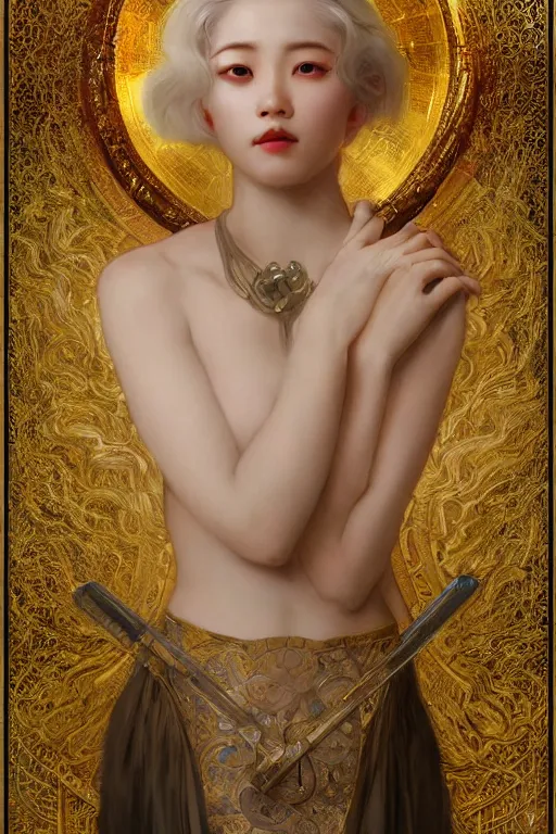 Prompt: beautiful asian girl, blonde hair, gold, god, white hair, 1 9 2 0 s fashion, fantasy, model pose, horror art, highly detailed, intricate, ethereal, highly detailed, sharp focus, artstation, digital painting, art by alphonse mucha, cedric peyravernay, tom bagshaw