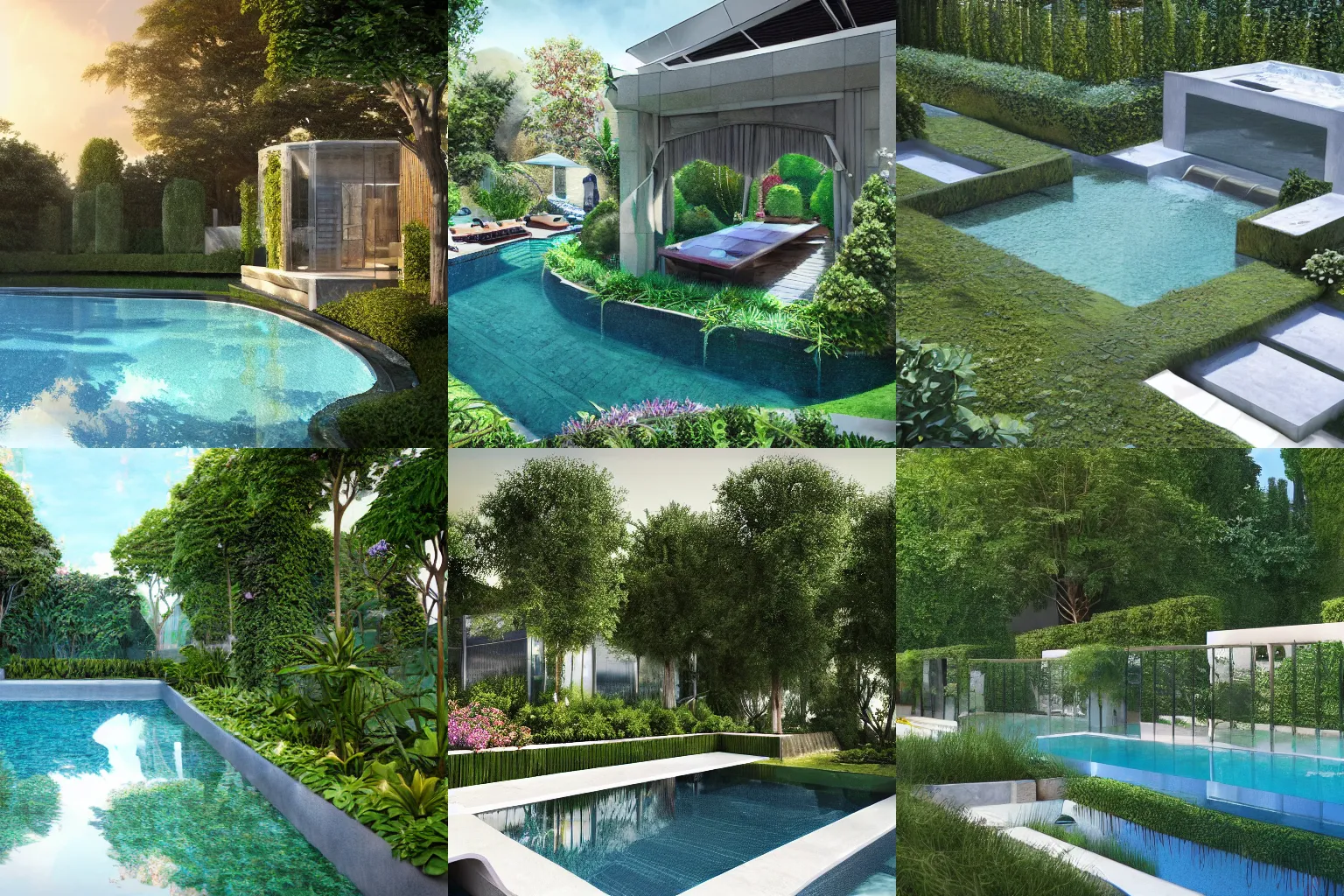Prompt: trending on artstation award-winning architectural design of a private garden swimming pool with gentle slope concept art hyperrealistic intricately detailed reflections