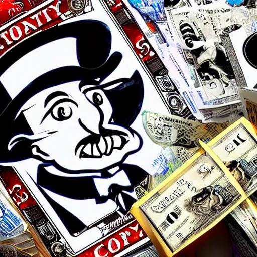Image similar to digital art, highly detailed, evil monopoly man, money, cigar, oil, smoke, by blue sky studios.