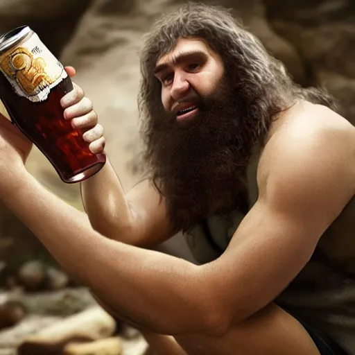 Prompt: photo of ancient caveman discovering beer for the first time, high detail, ultra realistic, 4k UHD, pristine