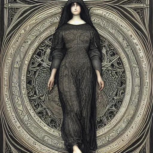 Prompt: Symmetric Pre-Raphaelite painting of a beautiful mystic woman with dark hair in a very detailed silk dark grey dress by John William Waterhouse, zoomed out, surrounded by a dark gothic frame of highly detailed mathematical drawings of neural networks and geometry by Doré, highly detailed mathematical drawings of geometry and neurons by HG Giger