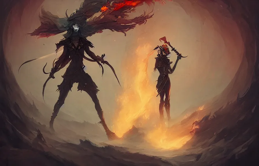 Image similar to the fire thief with sword, dark, skull, peter mohrbacher, kelly mckernan, hypermaximalist, cinematic, symmetrical, concept art, unreal engine, environment, sharp