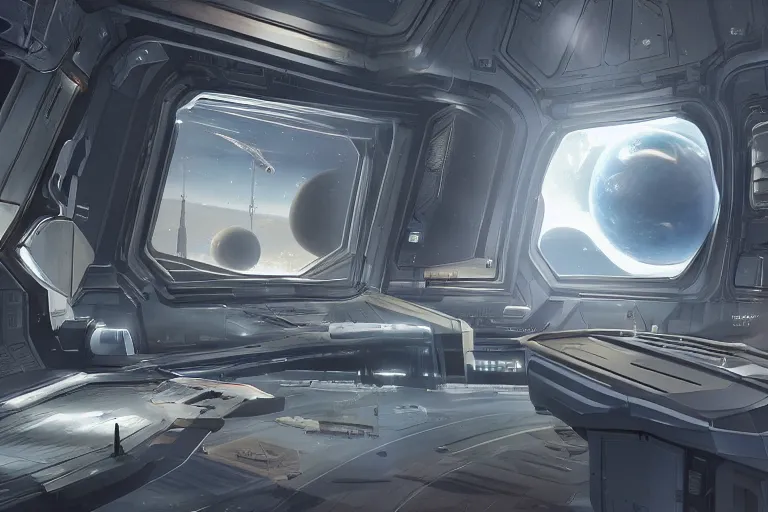 Prompt: interior of space base with huge window, on the window you can see the planet below, sharp focus, concept art, very detailed, very realistic, trending on artstation, in the style of star citizen, star wars, overwatch, elite dangerous,