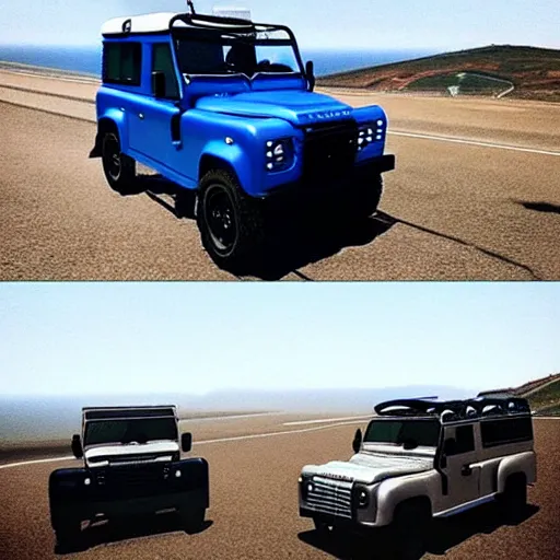 Prompt: “Blue Land Rover Defender and a man with a video camera. In the style of GTA 5.”