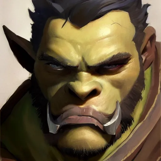 Image similar to greg manchess close - up portrait painting of a ruggedly handsome young dieselpunk orc with olive green skin as an overwatch character, medium shot, asymmetrical, profile picture, organic painting, sunny day, matte painting, bold shapes, hard edges, street art, trending on artstation, by huang guangjian and gil elvgren and sachin teng