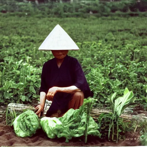 Image similar to an 8 0 s photo of an old vietnamese woman tending to her vegetable patch by the sea, photography