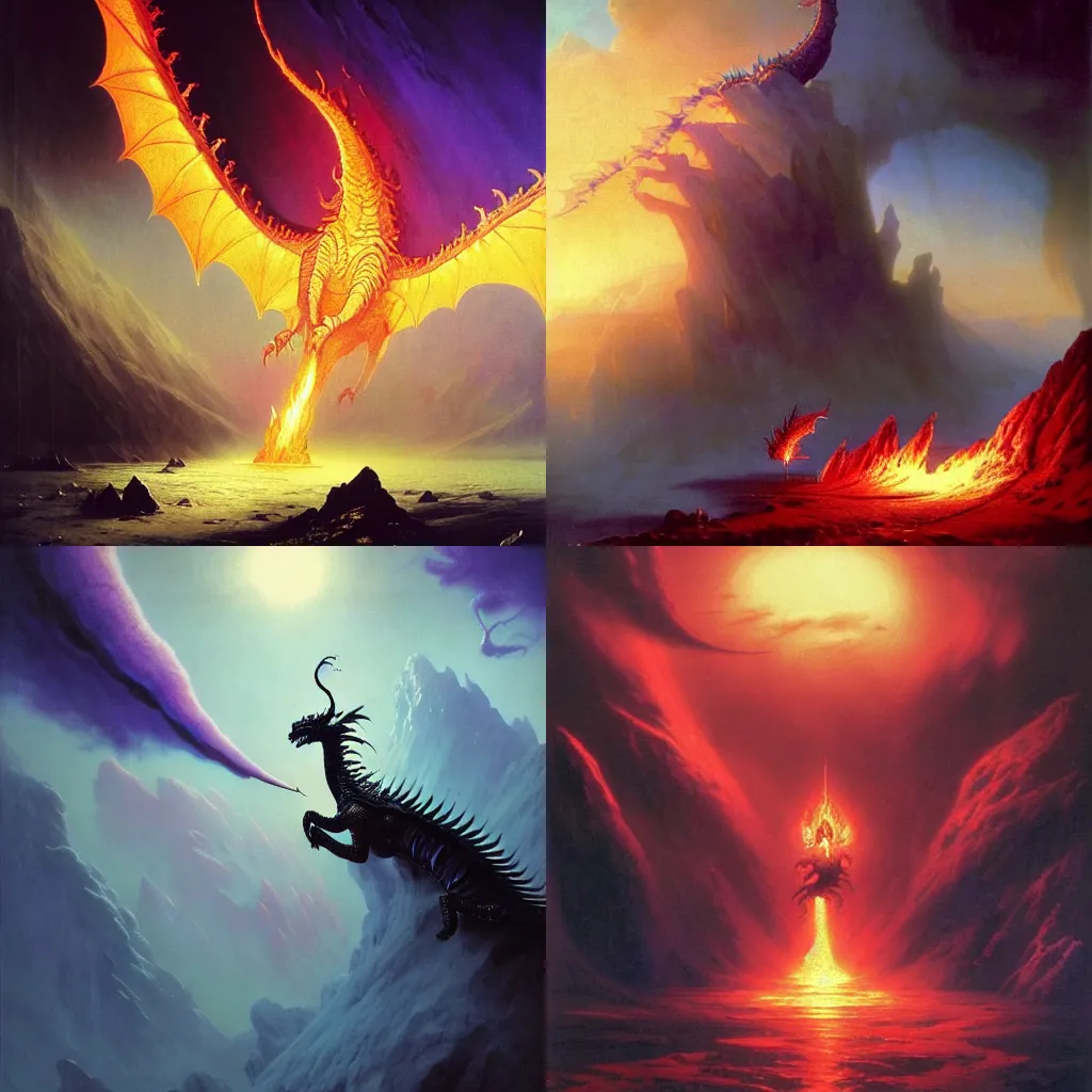 Prompt: A majestic gothic dragon breathing out fire, by Wayne Barlowe, by Ivan Aivazovsky, by Bruce Pennington, by Paul Lehr, masterpiece, oil on canvas, trending on artstation, top on pixiv, cinematic composition, dramatic scene, beautiful lighting, artgem, aesthetic!, planetary landscape, concept art, sharp, high details, hyper-detailed, astrophotography, no frames, 8K