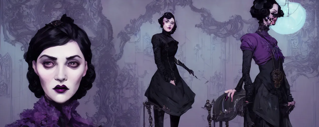 Prompt: duotone dark lilac background noir illustration 3 / 4 portrait of iris von everec black hair in black gothic victorian furneal clothes. eatheral dreamy atmosphere dynamic composition by sachin teng and sergey kolesov and ruan jia and heng z. graffiti art, scifi, fantasy, hyper detailed. octane render. concept art. trending on artstation