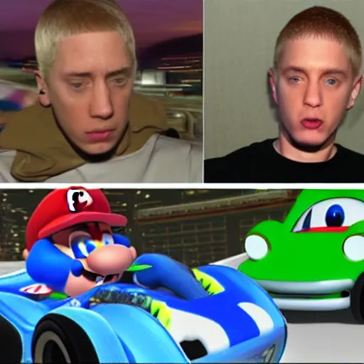 Image similar to eminem in mario kart