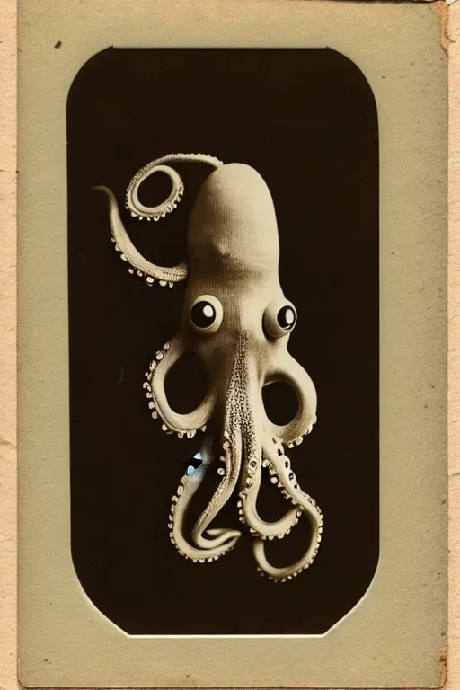 Image similar to anthropomorphic octopus , wearing a suit, tentacles spilling out of the collar, vintage photograph, sepia