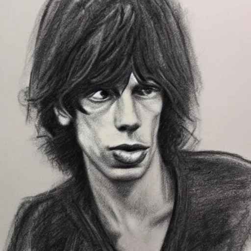 Prompt: rough sketch charcoal portrait of young mick jagger, angled with thick grainy straight strokes around, trending on instagram