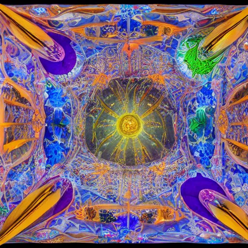 Prompt: visionary architecture by antoni gaudi, john stephens, alex gray, lisa frank