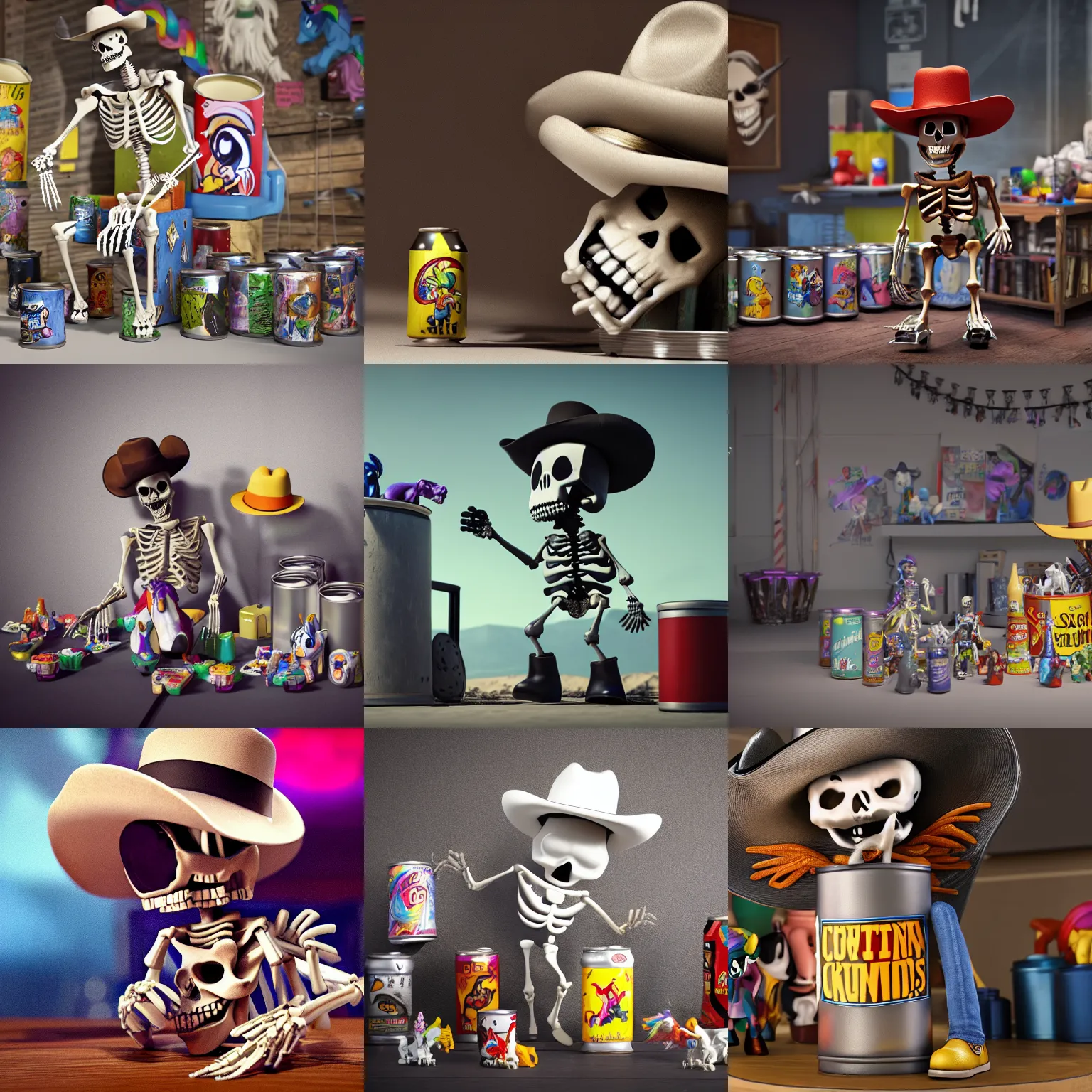 Prompt: a cartoon skeleton in a cowboy hat kicking cans with my little pony figures in the background. octane render. trending. cinematic. epic. highly detailed. 8 k