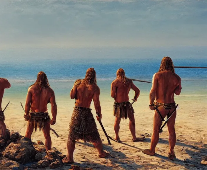 Prompt: barbarian men wait patiently for sunset, art by denys tsiperko and bogdan rezunenko, hyperrealism