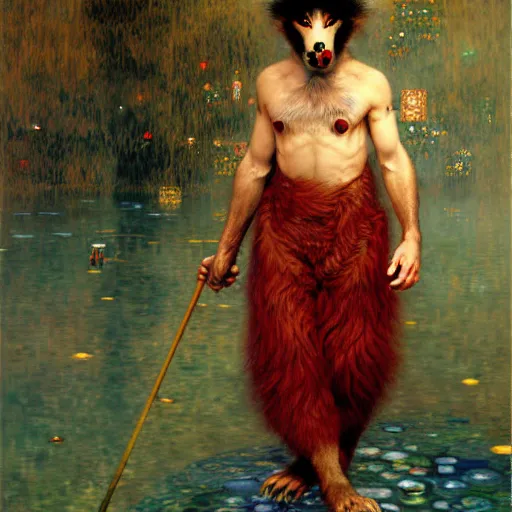 Image similar to a male ratwolfman rat wolf man in a red kimono furry arms furry body walking stick sewers. furaffinity furry art detailed face painting by gaston bussiere craig mullins jc leyendecker gustav klimt artgerm greg rutkowski furry