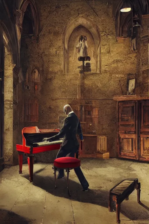 Image similar to an expressive full body portrait of agent 4 7 playing the piano in a monastery, dark background, red rim light, digital art, artstation, concept art by giger stalenhag