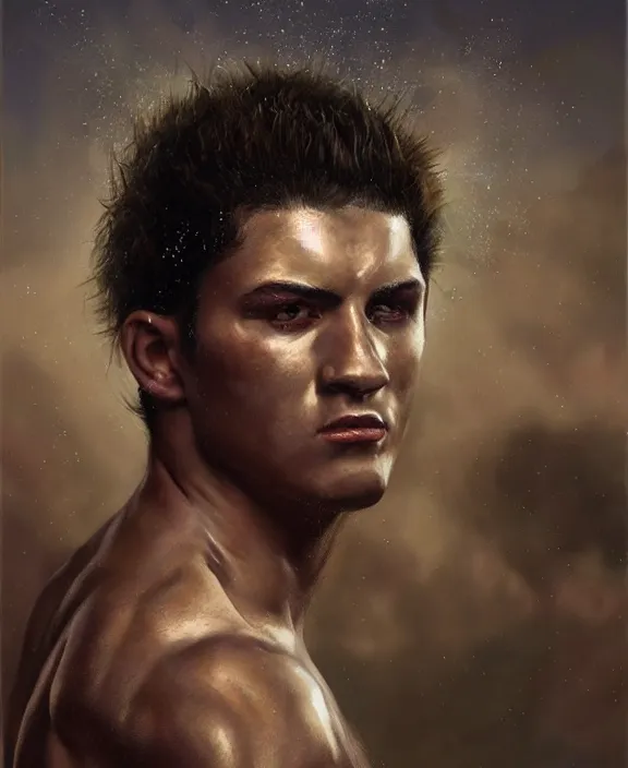 Prompt: portrait of a handsome young latino gladiator, art by denys tsiperko and bogdan rezunenko and franz xaver kosler, hyperrealism, fantasy art