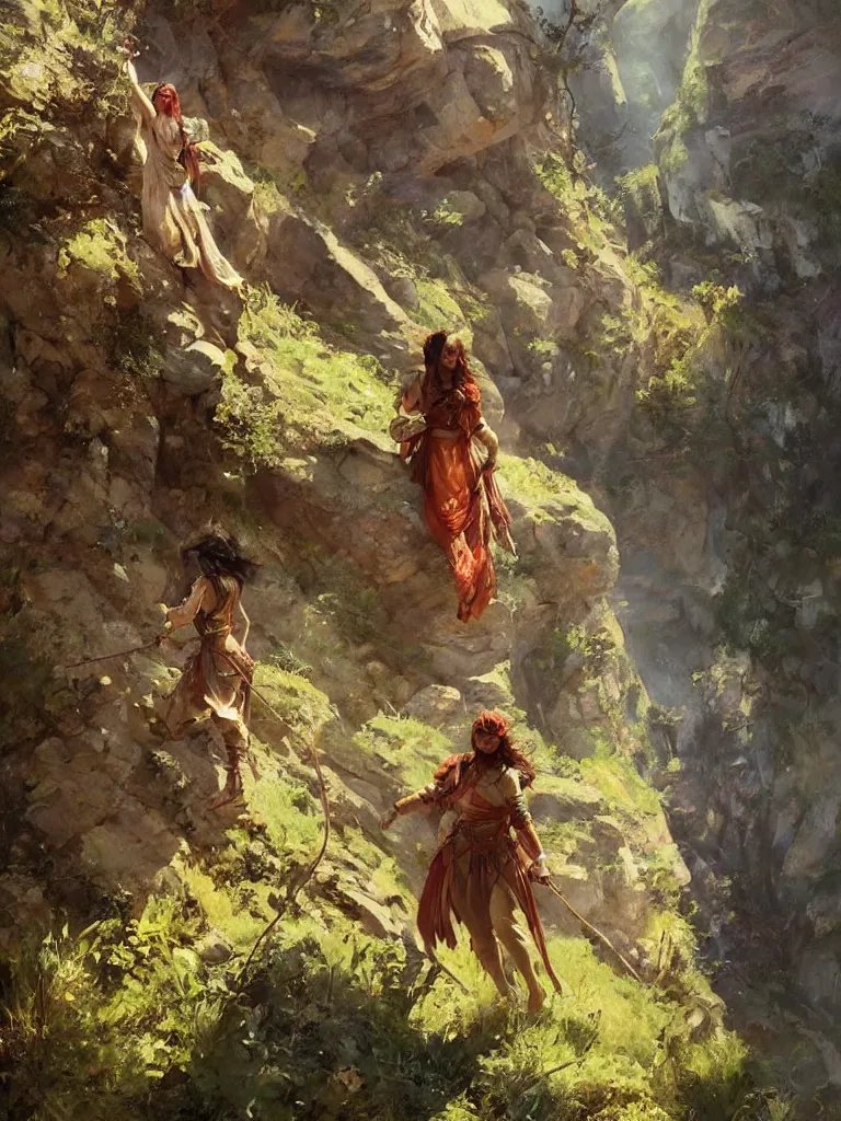 Image similar to oil art of young roma mage adventurer climbing down a cliffside in style of disco elysium character, gipsy jester character design from ravenloft, art by anders zorn, wonderful masterpiece by greg rutkowski, beautiful cinematic light, american romanticism by greg manchess, jessica rossier