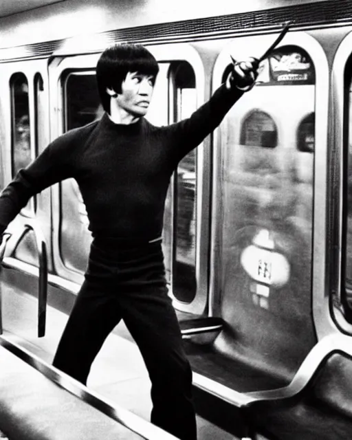 Prompt: bruce lee demonstrates using his nunchucks while riding a subway train