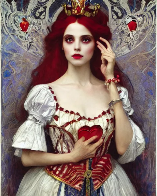 Image similar to 'queen of hearts' from 'alice in wonderland', intricate portrait by john william waterhouse and Edwin Longsden Long and Theodore Ralli and Henryk Siemiradzki, very coherent symmetrical artwork. Cinematic, hyper realism, high detail 8k