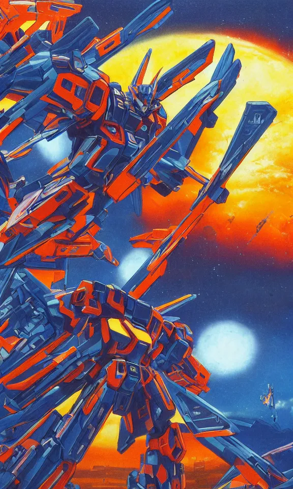 Image similar to neon gundam mecha, attacking a feudal Japanese castle, highly detailed, full moon, colours blue and orange, 8k, birds eye view, painting by karl kopinski, kim jung gius, james gurney