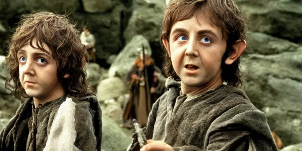 Image similar to A full color still of young Paul McCartney in Hobbit makeup and costume, in The Lord of the Rings directed by Stanley Kubrick,